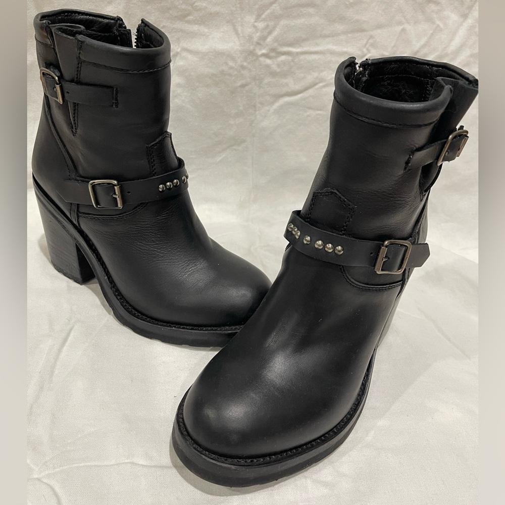 Ash Black Leather Moto Ankle Boots